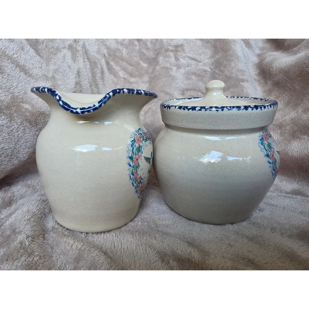 Home & Garden Party Stoneware Hummingbird Pitcher and Sugar Bowl Set 1998 1999